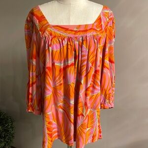 RACHEL ZOE floral leaf peasant blouse square neck bubble sleeves orange pink 1X